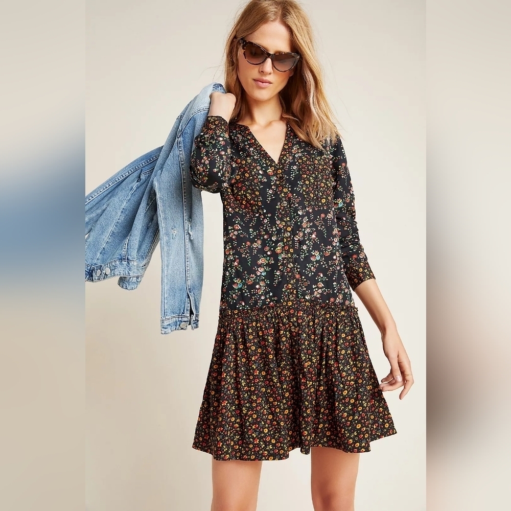 Maeve Anthropologie Black Floral Print Drop Waist Long sleeves boho Dress